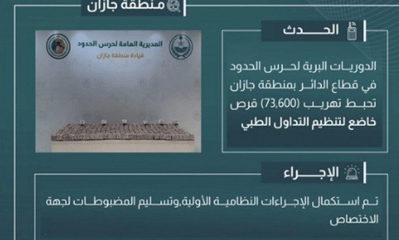 إحباط تهريب 73 ألف قرص خاضع لتنظيم التداول الطبي في جازان