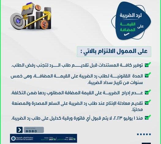 إرشادات مهمة للممولين لطلب رد ضريبة القيمة المضافة