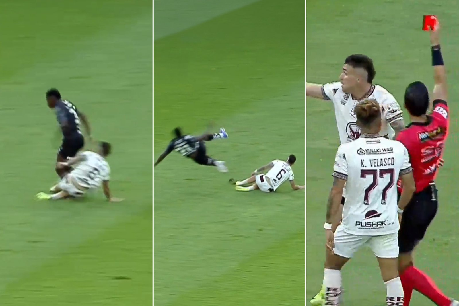 «فيديو صادم» تدخل عنيف وكسر مروع لساق لاعب يثير الفوضى في الملعب